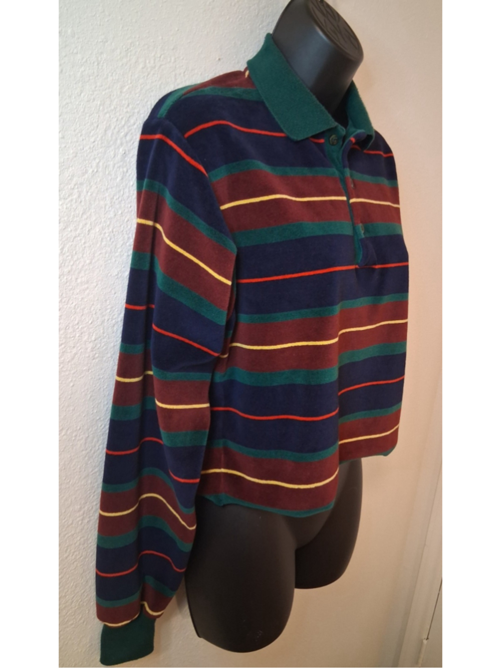 Vintage 70s Campus Velour Women's Medium Crop Boyfriend Polo Shirt Long Sleeve - Picture 3 of 10